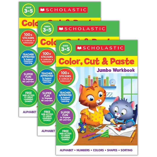 Scholastic Color, Cut & Paste Jumbo Workbooks, 3ct.